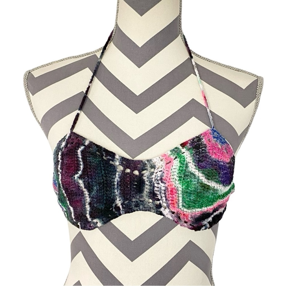Handmade Crochet Knit Bralette Womens Size Small Adjustable Gray Pink Halter
